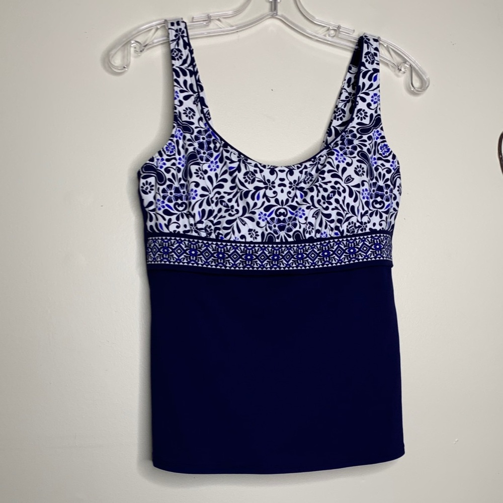 Lands End Navy & White Print Tankini Top Sz 8